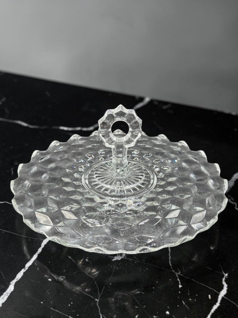 Vintage Fostoria American Serving Tray With Diamond Pattern & Handle Scalloped E